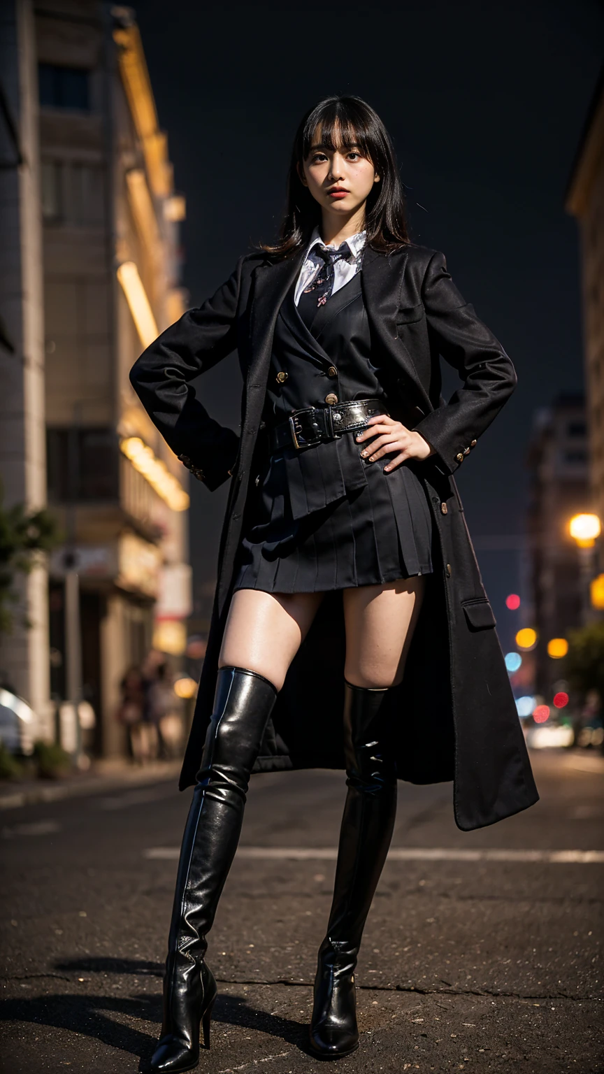 (8K、RAW Photos、Highest quality、masterpiece:1.2)、(Realistic、Realistic)、1 Girl、((Check mini skirt、Long coat、Medium Hair、black、Thin legs、whole body、boots、blackいコート、one piece、tights、Night Park、View from the front、Looking into the camera、belt、Stand with hands on hips))、cute