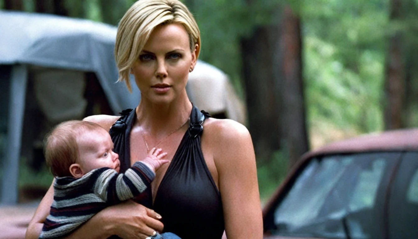 Charlize Theron holding baby Jason Voorhees, super realistic, maximum quality, Photorealism, Foreground,