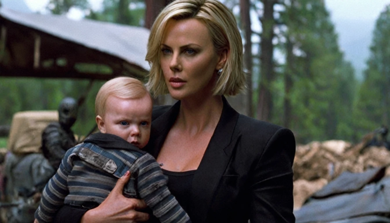 Charlize Theron holding  Jason Voorhees, super realistic, maximum quality, Photorealism, Foreground, 