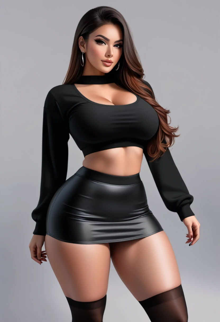 a woman busty and medium thick with crop top with long sleeves and a little black skirt, 8k, thick lengs, posing for picture