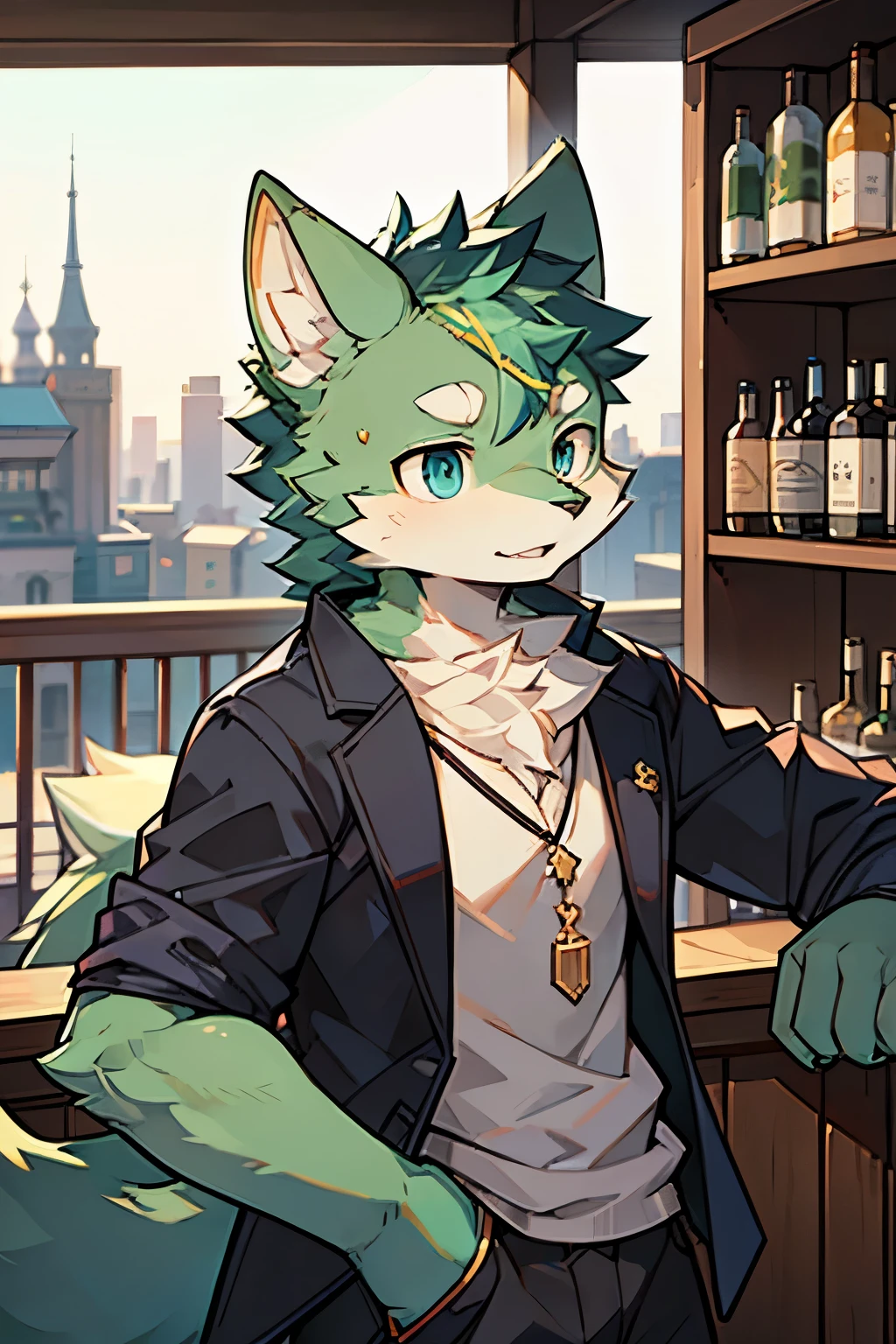 Exquisite lines，best quality。Single player，Youthful，male，Light green fur，Wolf Orc，Blue pupils，Swordsman，In the bar，modern city