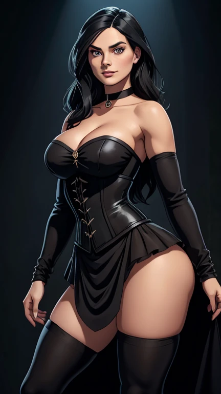 (Margot Robbie face), realistic face, Generate an illustration of a young (Yennefer of Vengerberg), of Witcher 3, correct head to body proportion, hair combed to sides, layered haircut, de terno preto, black long hair flows to her back, hair flows straight down, black hair, Ultrarealistic Bright Violet eyes, both eyes are similar, (big round poking breasts), low-cut deep cleavage, Ultrarealistic juicy round butt, Ultrarealistic detailed hips, thick thighs, black Corset outfit in anime format with a serious style, ((black strapless dress)), Ruby black velvet choker, grey tights, black boots, gothic make up, masterpiece, ((dark lighting)), black background, puffy lips,slendered toned abs, beautiful face, grin on face