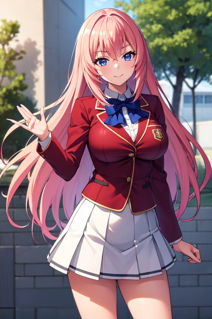 (masterpiece:1.3), (best quality:1.1), (8k, ultra detailed, ultra high res:1.2), ((anime style)), perfect 5 fingers, perfect anatomy, 
1girl,
Ichinose honami, 
long hair, 
pink hair, 
blue eyes, 
arm up, waving,  
blue bow, 
large breasts, red blazer, long sleeves, white skirt, pleated skirt, black calf socks, 
looking at viewer, shoot from front,  
cowboy shot, 
smile, 
standhing, 
perfect light, 
(detailed background:1.2), outdoor, school building, 