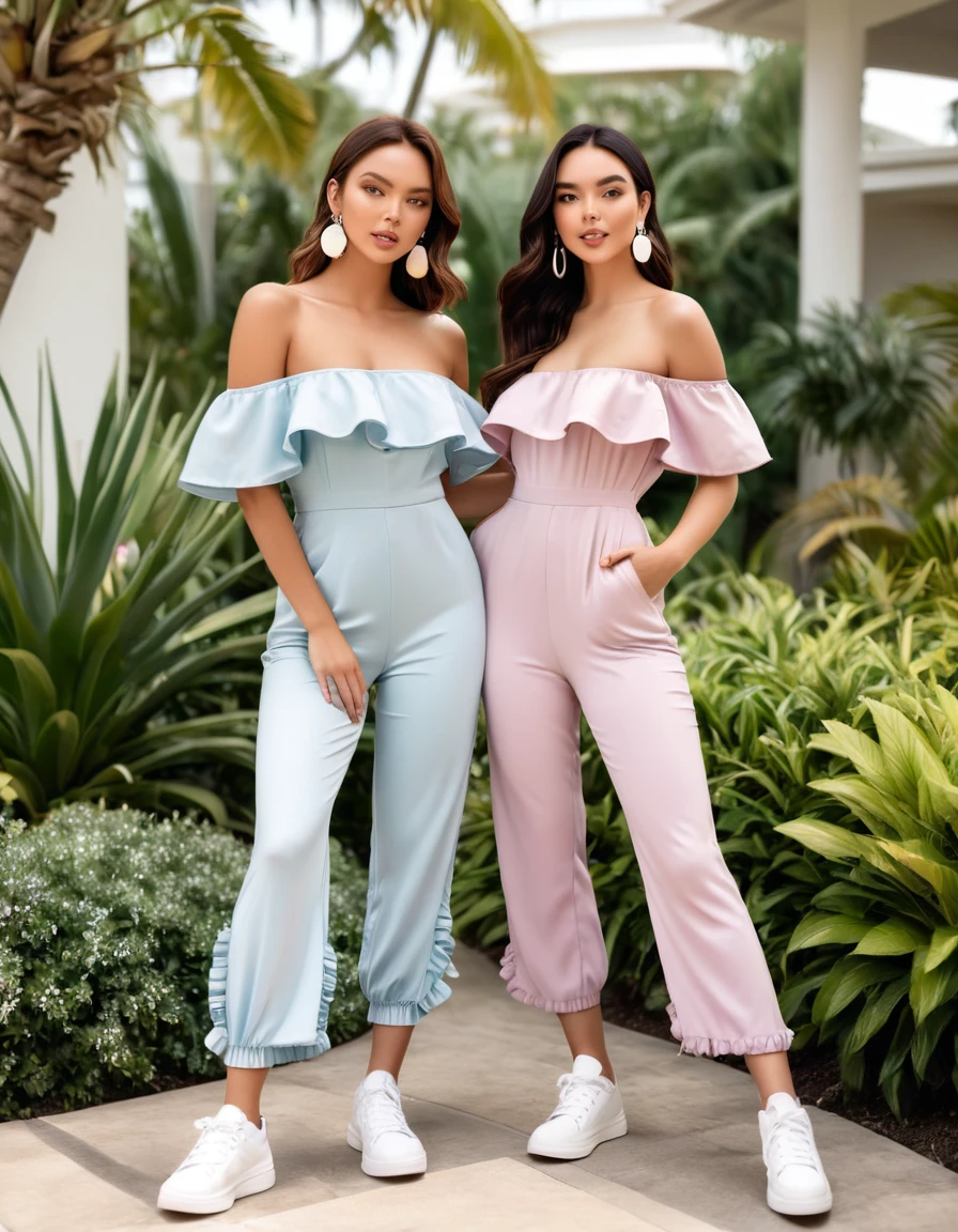 Two beautiful girls with brown hair with black roots, both are wearing pastel-colored off-shoulder frill jumpsuit paired with white casual sneakers and statement earrings. They're strinking a teasing friend pose in the garden of a Resort. Fit body. First girl's face shape is round and second girl's face shape is square