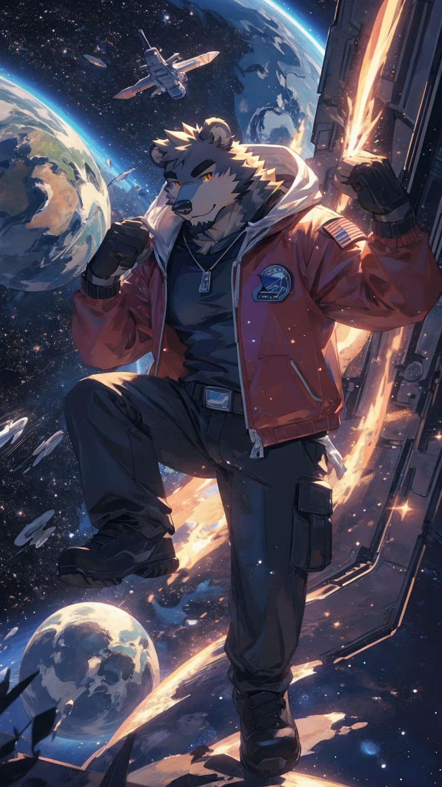 (masterpiece:1.2), best quality,pixiv,official art,perfect anatomy, (Ray tracing, light),solo, (1_male:1.3) , (muscle), (grey fur:1.4), (muscle bear), (beard:1.2), (gleaming golden eyes), bear tail, full body, Thick black eyebrows,(open hooded parka), (naked inside), (cargo pants:1.2), boots , (in the space:1.3) , star , planet , earth , asteroid , character floating