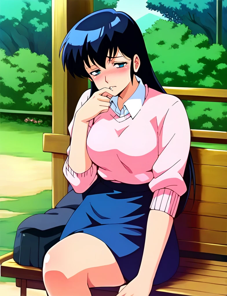 Kyoko,score_9,score_8_superior,score_7_superior,sauce_anime,One girl,alone,View your viewers,soaked,downpour,in the forest,Pink Sweater,White collared shirt,length_skirt,blue skirt,Spread your legs,Biting rope,Lying down,Sad face,:パンティ、露になるパンティ、