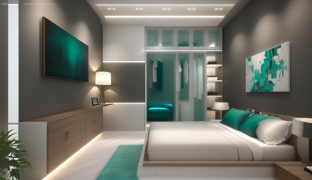 Design the master bedroom's interior space in [contemporary, luxurious style], using wood, white ceiling lights, using indoor lighting combined with [[blue areas with outdoor environmental lighting]. ]], [decorative Add a tea table in front of the sofa, modern, luxurious wooden table. Decorate the room with green plants and decorate the walls with paintings], [render vray 3ds max]