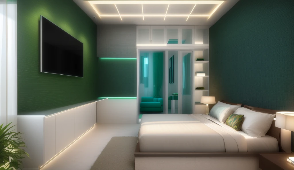 Design the master bedroom's interior space in [contemporary, luxurious style], using wood, white ceiling lights, using indoor lighting combined with [[blue areas with outdoor environmental lighting]. ]], [decorative Add a tea table in front of the sofa, modern, luxurious wooden table. Decorate the room with green plants and decorate the walls with paintings], [render vray 3ds max]