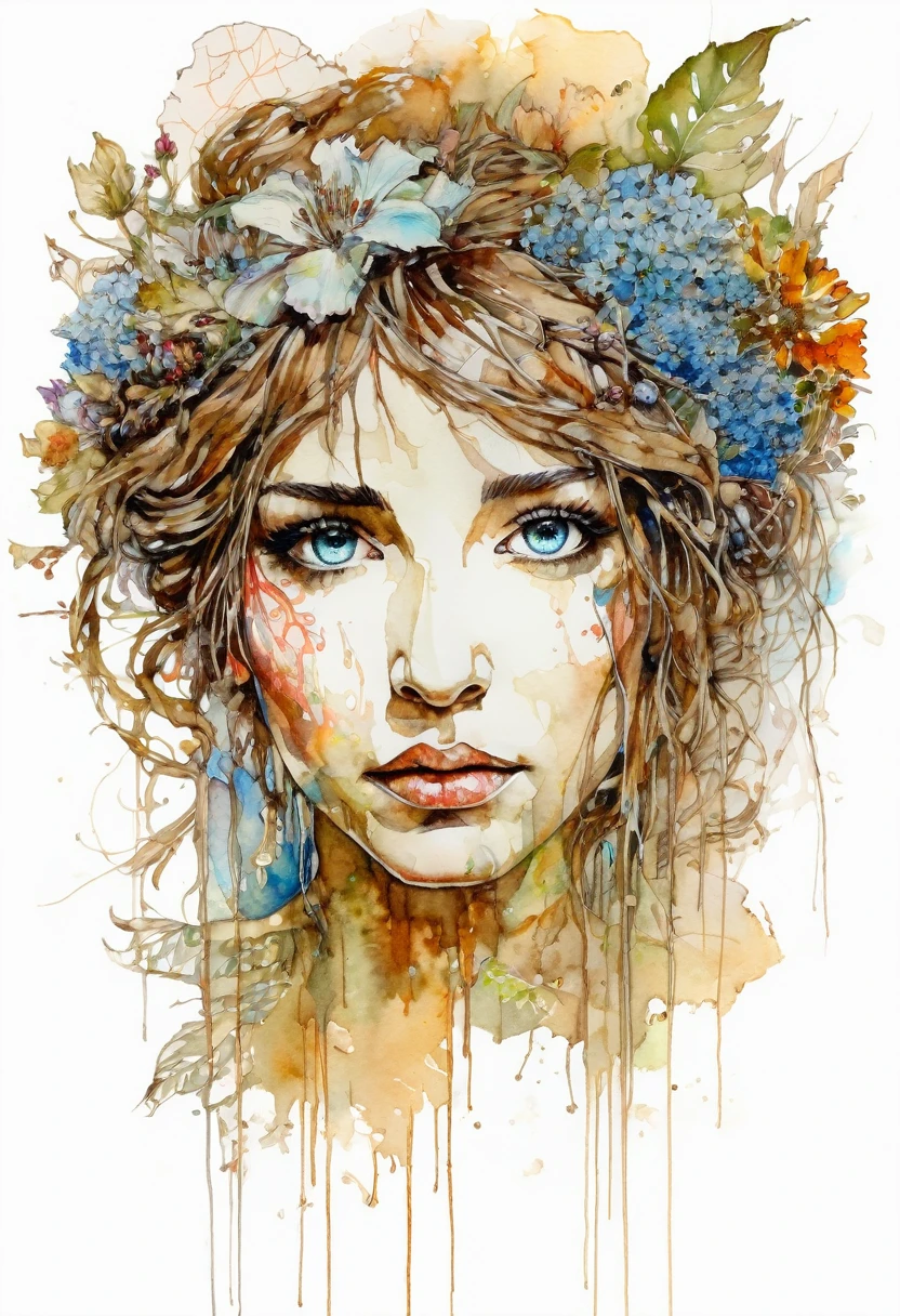 show full head, extremely detailed portrait with flowers in hair in rough sketch, painted with watercolors., extremely detailed eyes, Beautiful eyes, Fully Centered Image, empty space around the picture, Focus on Facial Lines, Dripping watercolor, Ink contours, The art of Carne Griffiths combined with Alphonse Mucha, permission 32k, highest possible quality, puppet