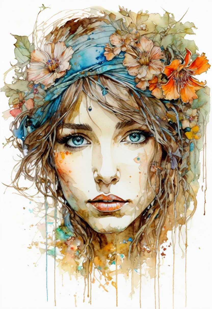 show full head, extremely detailed portrait with flowers in hair in rough sketch, painted with watercolors., extremely detailed eyes, Beautiful eyes, Fully Centered Image, empty space around the picture, Focus on Facial Lines, Dripping watercolor, Ink contours, The art of Carne Griffiths combined with Alphonse Mucha, permission 32k, highest possible quality, puppet