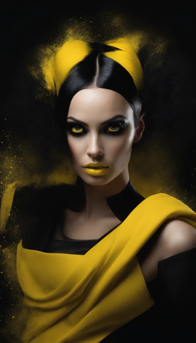 A fierce and edgy woman with vibrant yellow and black hair, adorned with bold black makeup, stands confidently in a striking black and yellow dress. Her outfit is splattered with vibrant yellow paint, creating a stunning contrast against the dark and mysterious black background