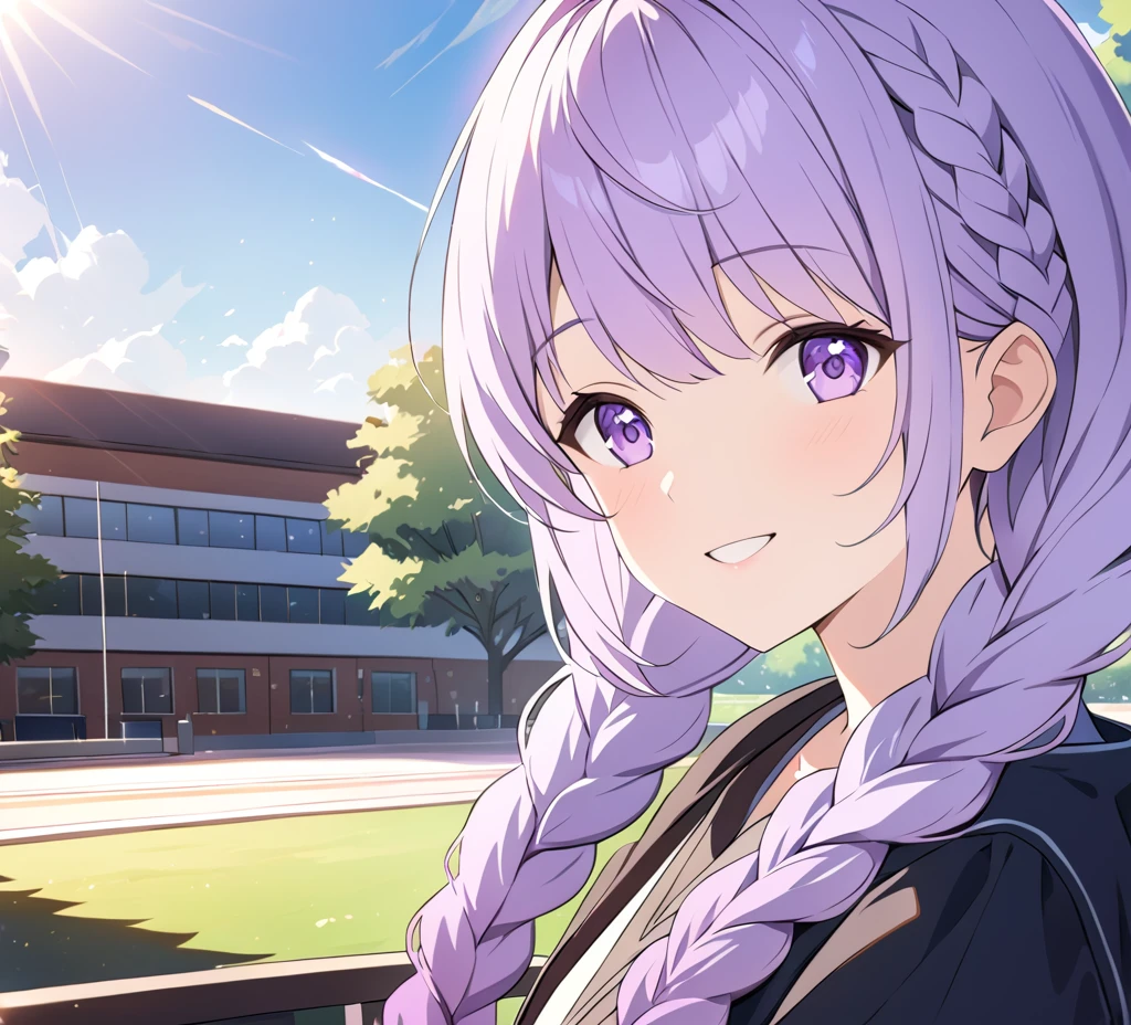 A boy and (Girl with purple and white gradient double braids) Sit side by side, young, Campus background, and sunlight pours down, Fresh and natural, Sweet smile, Exquisite and detailed, Rich in details, High quality depiction, Extremely detailed, Bright colors, portrait, Landscape lighting