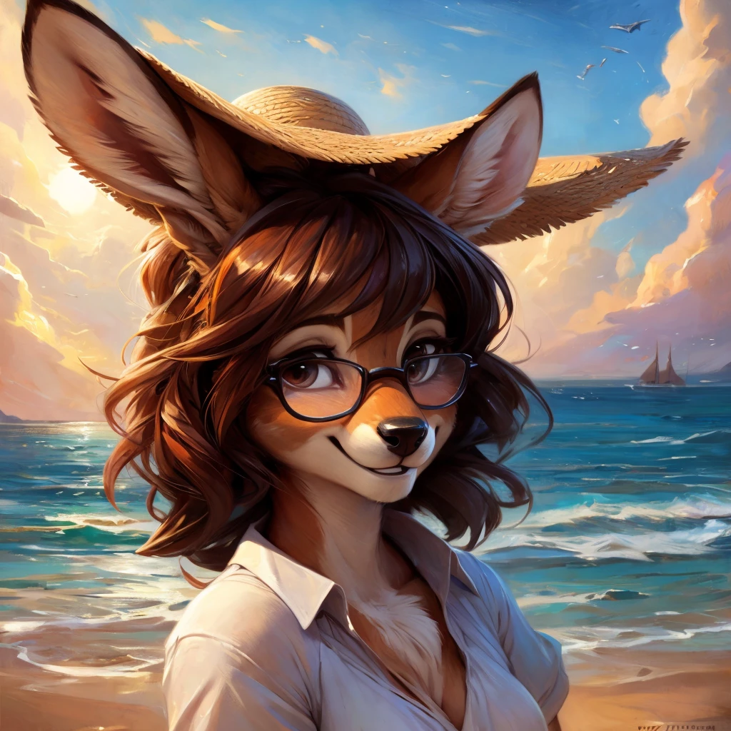 uploaded on e621, by Pixelsketcher, by Bayard Wu, by Thomas Benjamin Kennington , by Einshelm, by hioshiru and kenket, Chunie, portrait, solo anthro female deer doe, with small featureless breasts, clear dark blue, cinematic lighting, day, sunny day, beach, stays in the sea, sea background, mediterranean background, horizon background, shiny, short curly dark brown hair, wears big black nerd glasses, very very beautiful furry art, furry art, smiling, joyful, shiny, happy, feminine, cute face, muzzle, fluffy chest, flawless face, Fallow deer, 1girl, Sakimichan is beautiful, Masterpiece, Wavethesallow Face, shiny, Detailed image, portrait, Detailed image, portrait, full body, wearing wide, long, white blouse, wearing big and wide beige summer straw hat, shiny, realistic face, perfect anatomy, hourglass body, (furry body:1.1), anthropomorphic deer, looks at the viewer, small fluffy tail, detailed background, (cute anatomy:1.1), windy, smiling, very happy, happy
