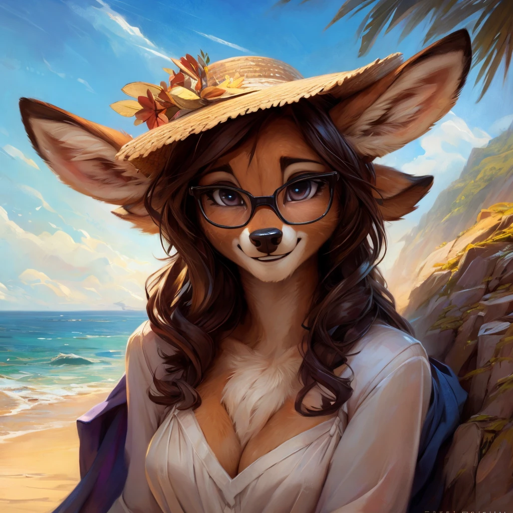 uploaded on e621, by Pixelsketcher, by Bayard Wu, by Thomas Benjamin Kennington , by Einshelm, by hioshiru and kenket, Chunie, portrait, solo anthro female deer doe, with small featureless breasts, clear dark blue, cinematic lighting, day, sunny day, beach, stays in the sea, sea background, mediterranean background, horizon background, shiny, short curly dark brown hair, wears big black nerd glasses, very very beautiful furry art, furry art, smiling, joyful, shiny, happy, feminine, cute face, muzzle, fluffy chest, flawless face, Fallow deer, 1girl, Sakimichan is beautiful, Masterpiece, Wavethesallow Face, shiny, Detailed image, portrait, Detailed image, portrait, full body, wearing wide, long, white blouse, wearing big and wide beige summer straw hat, shiny, realistic face, perfect anatomy, hourglass body, (furry body:1.1), anthropomorphic deer, looks at the viewer, small fluffy tail, detailed background, (cute anatomy:1.1), windy, smiling, very happy, happy
