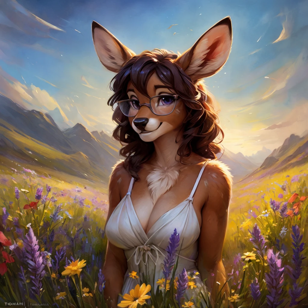uploaded on e621, watercolor look, by Pixelsketcher, by Bayard Wu, by Thomas Benjamin Kennington , by Einshelm, by hioshiru and kenket, Chunie, portrait, solo anthro female deer doe, with small featureless breasts, clear dark blue, cinematic lighting, day, sunny day, lavender field, stays in a wildflowers field, wildflowers field background, mediterranean background, horizon background, shiny, short curly dark brown hair, wearing big black nerd glasses, very very beautiful furry art, furry art, smiling, joyful, shiny, happy, feminine, cute face, muzzle, fluffy chest, flawless face, Fallow deer, 1girl, Sakimichan is beautiful, Masterpiece, Wavethesallow Face, shiny, Detailed image, portrait, Detailed image, portrait, full body, wearing pure white short spaghetti straps dress, wearing a wildflowers wreath, shiny, realistic face, perfect anatomy, hourglass body, (furry body:1.1), anthropomorphic deer, looks at the viewer, small fluffy tail, detailed background, (cute anatomy:1.1), stands in a wildflowers field, wildflowers in hair