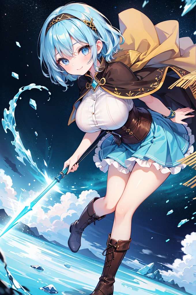 Fantasy,((Masterpiece)),((high resolution)),((Best Quality)),Anime illustration,((1girl)),(wavy hair),(short hair),(pale blue hair color),small ponytail,headband,Indigo eyes,(Big round eyes),((tareme)),,((baby face)),(((very big breasts))),Short stature,Young,(loli),,ice wd,sleeveless white blouse,Blue mini skirt,slit,Brown corset,brown capelet,smile,,Brown long boots,wizard's wand with blue gem,