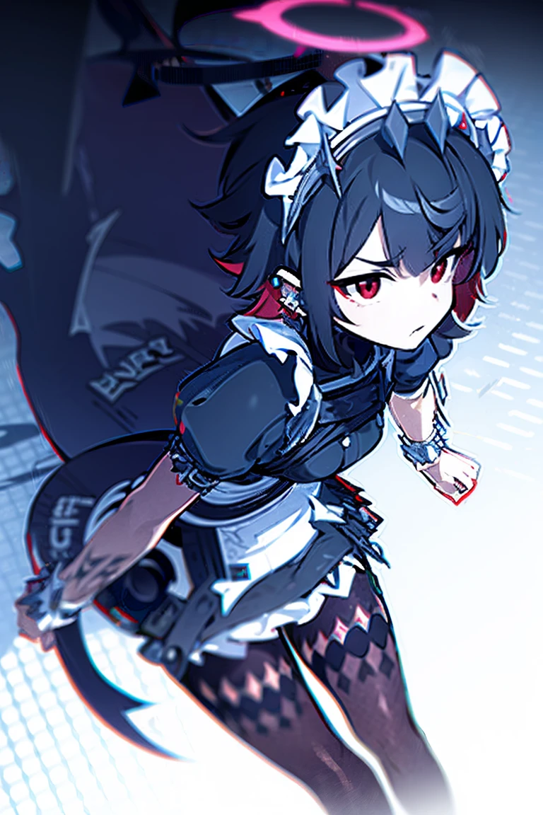 (((halo))), ellen joe, black hair, colored inner hair, multicolored hair, (red eyes:1.3), red hair, short hair, two-tone hair, apron, black pantyhose, black shirt, black skirt, ear piercing, fins, fish tail, maid, maid apron, maid headdress, pantyhose, piercing, puffy short sleeves, puffy sleeves, shark girl, shark tail, shirt, short sleeves, skirt, tail, two-tone hair, wrist cuffs,