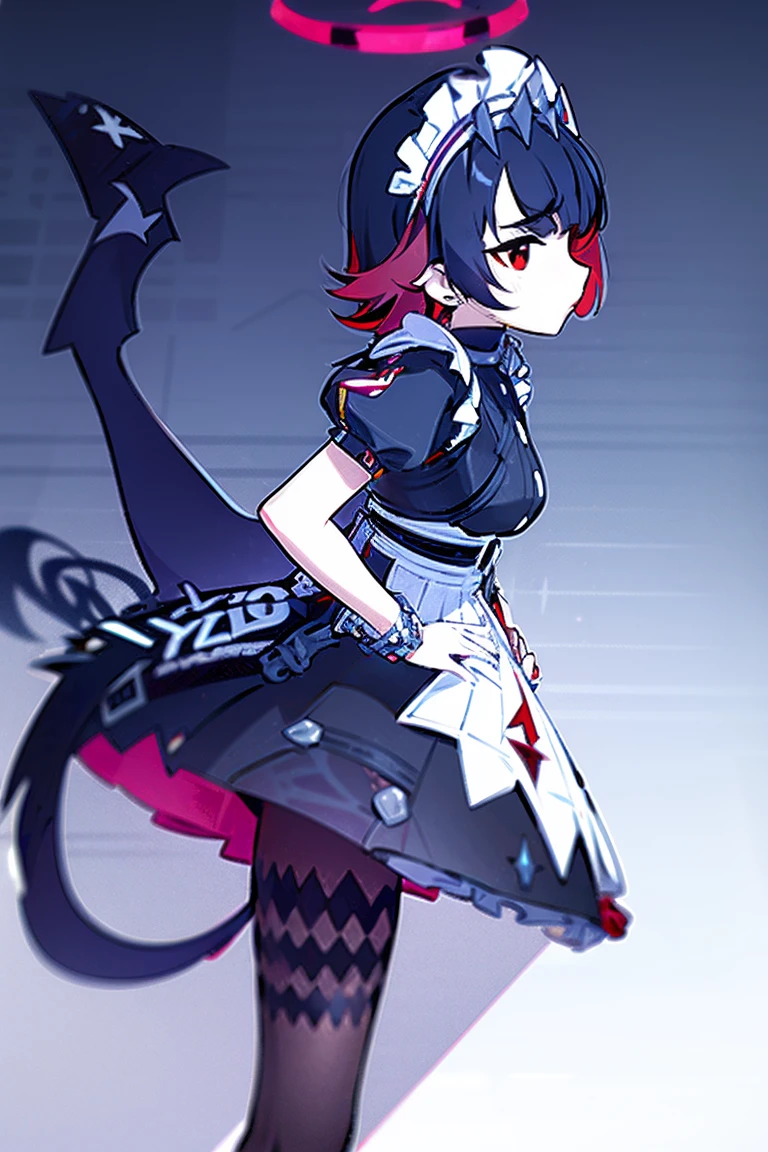 (((halo))), ellen joe, black hair, colored inner hair, multicolored hair, (red eyes:1.3), red hair, short hair, two-tone hair, apron, black pantyhose, black shirt, black skirt, ear piercing, fins, fish tail, maid, maid apron, maid headdress, pantyhose, piercing, puffy short sleeves, puffy sleeves, shark girl, shark tail, shirt, short sleeves, skirt, tail, two-tone hair, wrist cuffs,