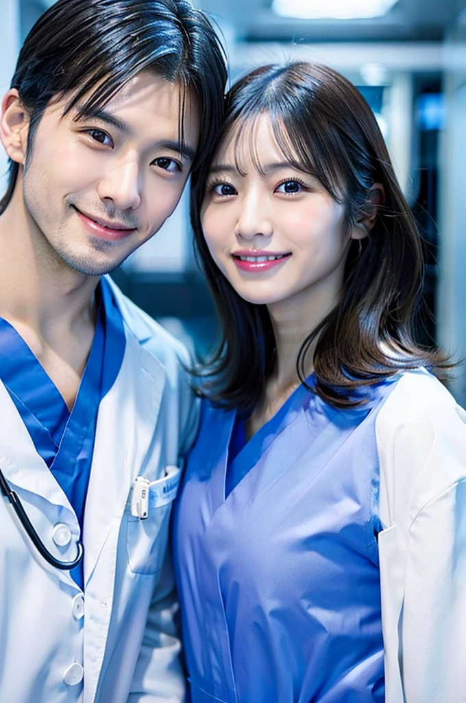 Male dentist and female dental hygienist 2people A good business partner 日本people Handsome Men and Beautiful Women Doctor wearing a white coat Upper body close-up high resolution high resolution Highest quality smile Wearing blue scrubs