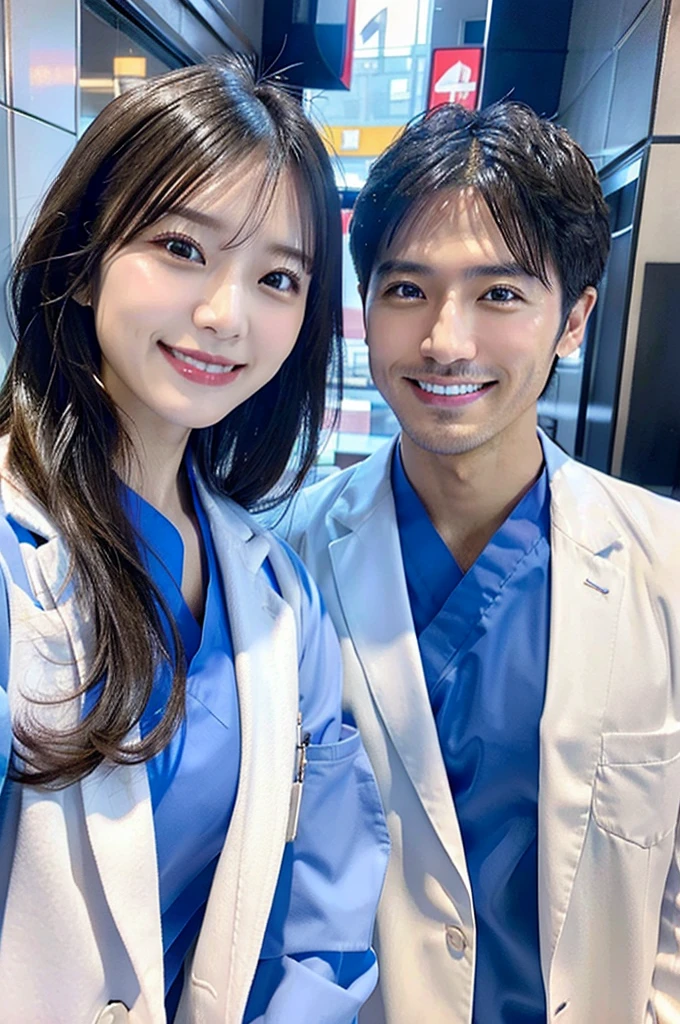 Male dentist and female dental hygienist 2people A good business partner 日本people Handsome Men and Beautiful Women Doctor wearing a white coat Upper body close-up high resolution high resolution Highest quality smile Wearing blue scrubs