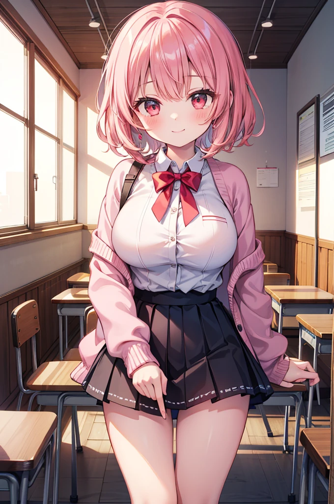 Fantasy,((Masterpiece)),((high resolution)),((Best Quality)),Anime illustration,(((1girl))),(wavy hair),(short hair),(pale pink hair color),small ponytail,Red eyes,(Big round eyes),((tareme)),12 years old,((loli face)),((very big breasts)),Short stature,Young,,,cardigan,mini skirt,smile,Ladylike,classroom,Panty shot,