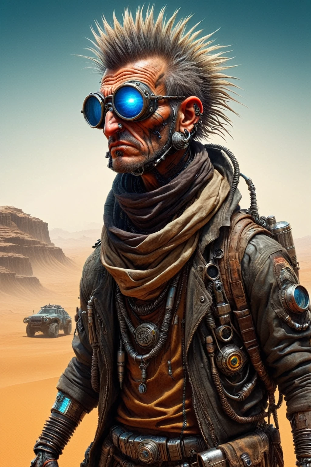 a madpunk cyberpunk nomad medic, nanoenhanced treatments, desert planet, nomadic tribes, raw photo, hyperdetailed, photorealistic, dramatic lighting, moody colors, gritty textures, intricate machinery, glowing neon, advanced technology, harsh environment, windblown sand, rugged terrain, weathered structures, tribal markings, weathered clothing, goggles, respirator mask, cybernetic implants, glowing biotech, complex gadgets, dystopian atmosphere