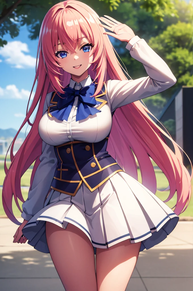 (masterpiece:1.3), (best quality:1.1), (8k, ultra detailed, ultra high res:1.2), ((anime style)), (perfect 5 fingers, perfect anatomy),
1girl,
Ichinose honami,
long hair,
pink hair,
blue eyes,
arm up, waving,
blue bow,
large breasts, red blazer, long sleeves, white skirt, pleated skirt, black calf socks,
looking at viewer, shoot from front,
cowboy shot,
smile,
standhing,
perfect light,
(detailed background:1.2), outdoor, school building,