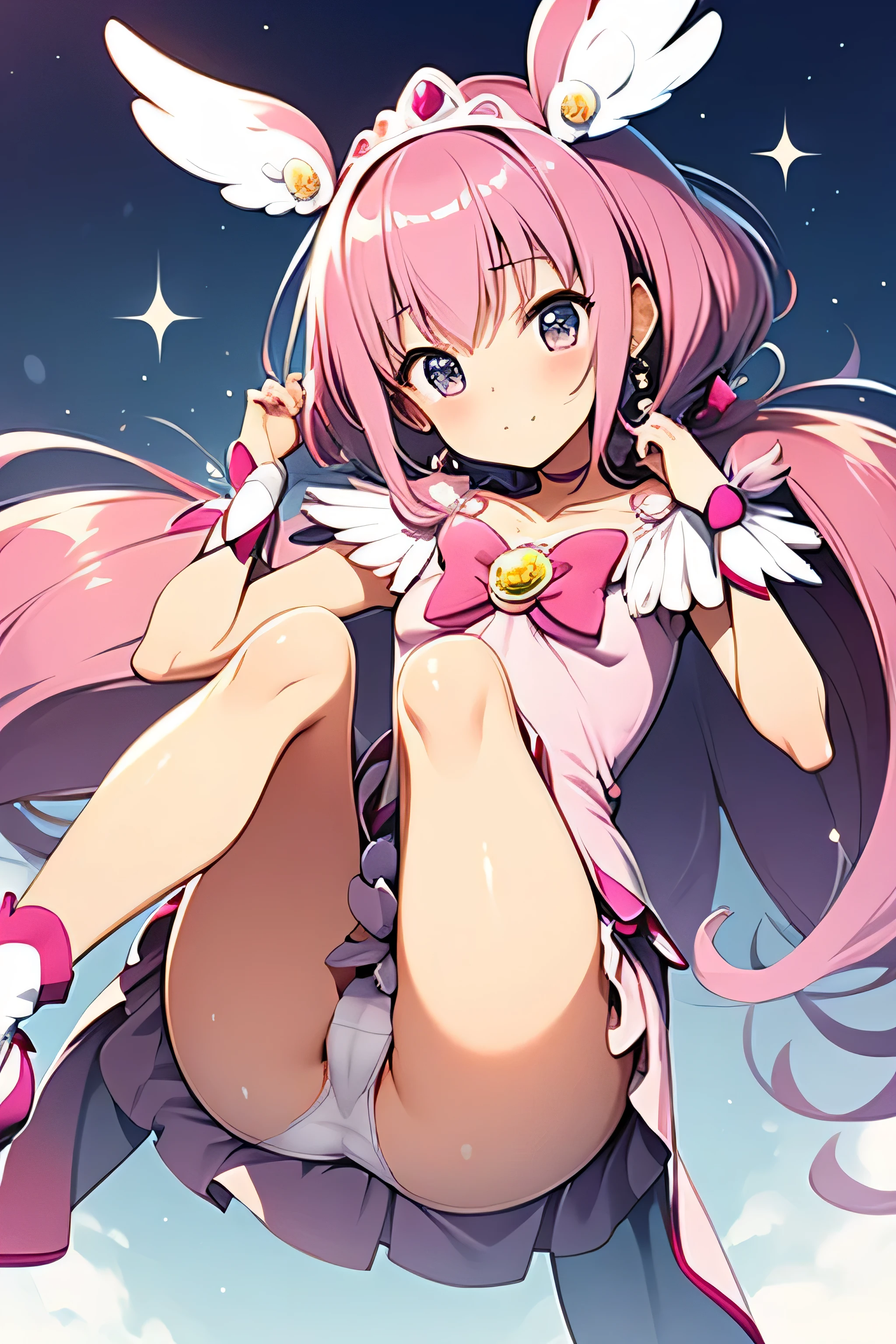 {{{smaller breasts}}},whole body,pink hair,cure happy,{{fulll shot}},nsfw,legs up:1.2,white panties