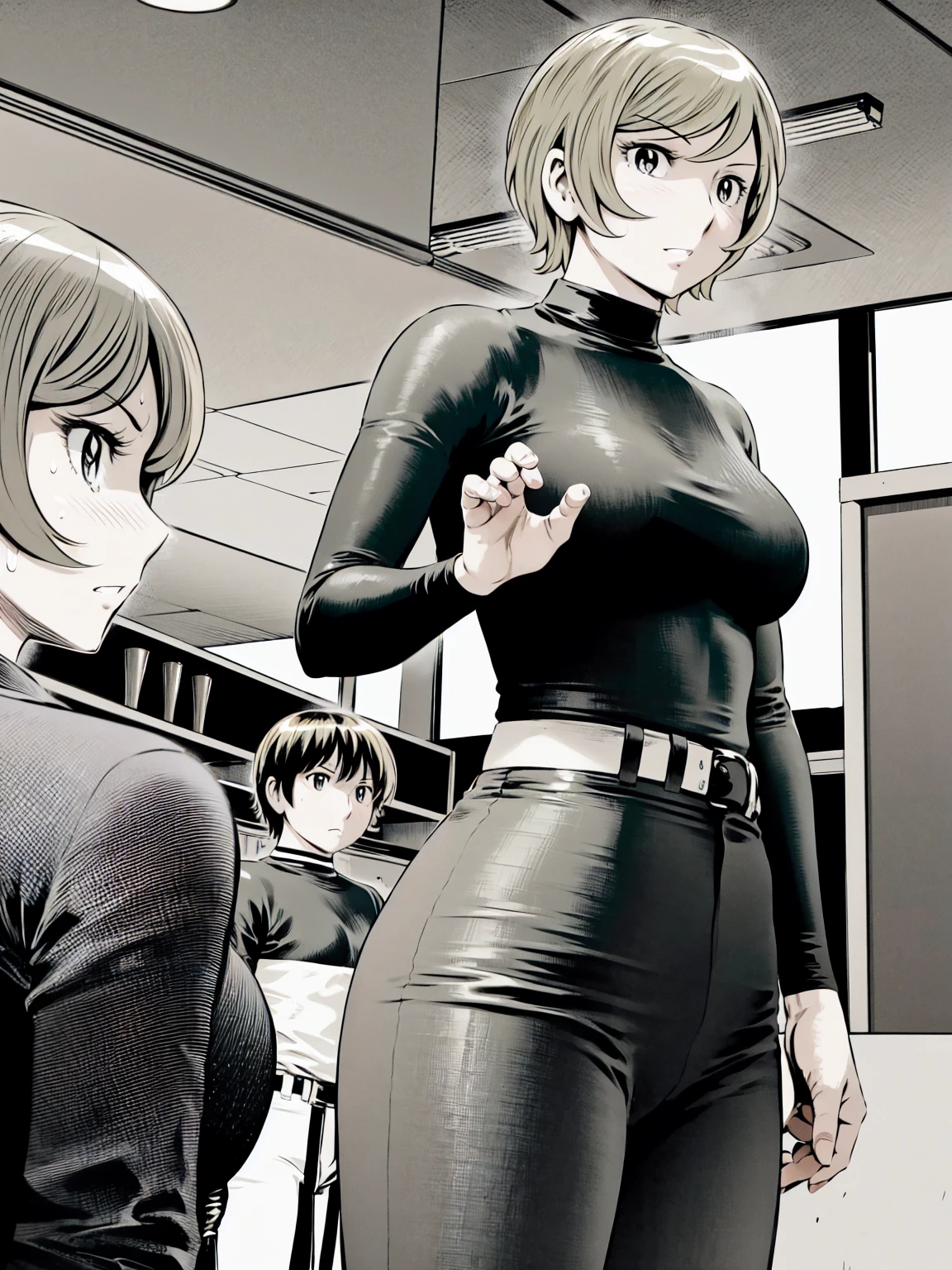 、(masterpiece、Highest quality)、Highest quality, Ultra-high resolution, (((masterpiece))), alone, Sweat、Big eyes,Tight black shirt、Tight white pants、belt、indoor、Composition from the front、（Cut the back hair short、short hair、blonde、woman）、Shortcuts、Embarrassed face、Cut your hair short、可愛いwomanの子、Big Breasts、office