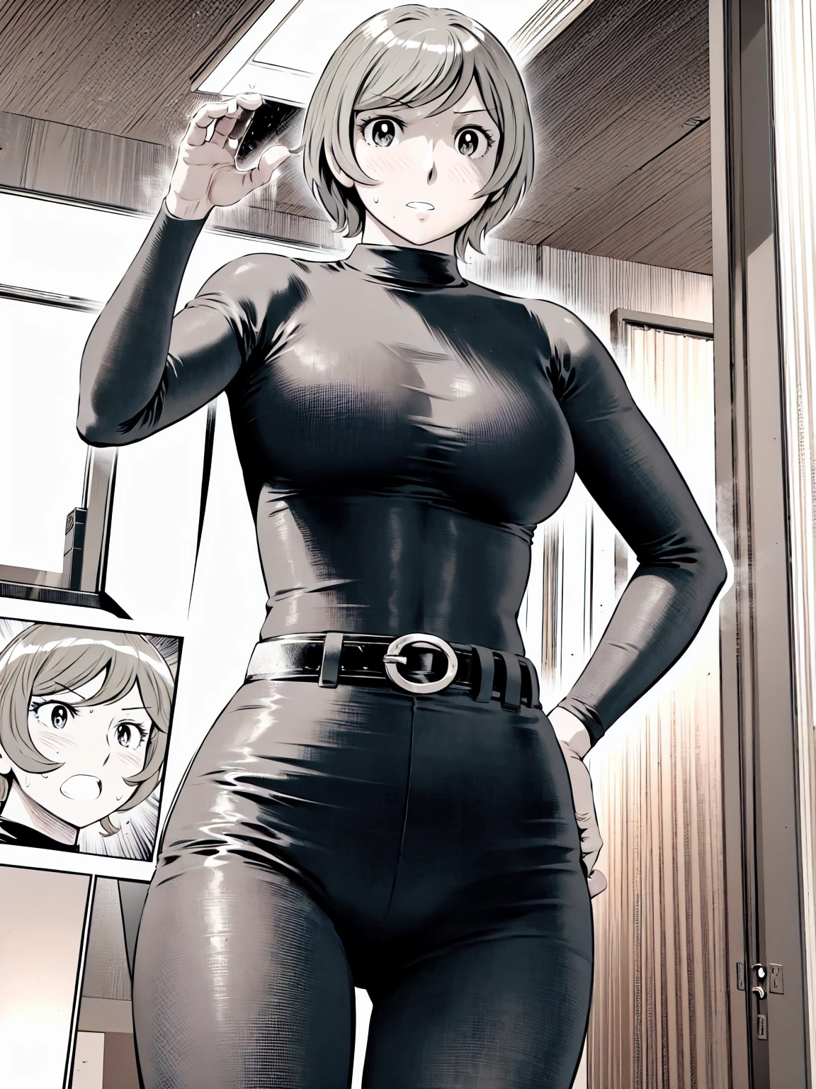 、(masterpiece、Highest quality)、Highest quality, Ultra-high resolution, (((masterpiece))), alone, Sweat、Big eyes,Tight black shirt、Tight white pants、belt、indoor、Composition from the front、(Cut the back hair short、short hair、blonde、woman)、Shortcuts、Embarrassed face、Cut your hair short、可愛いwomanの子、Big Breasts、office