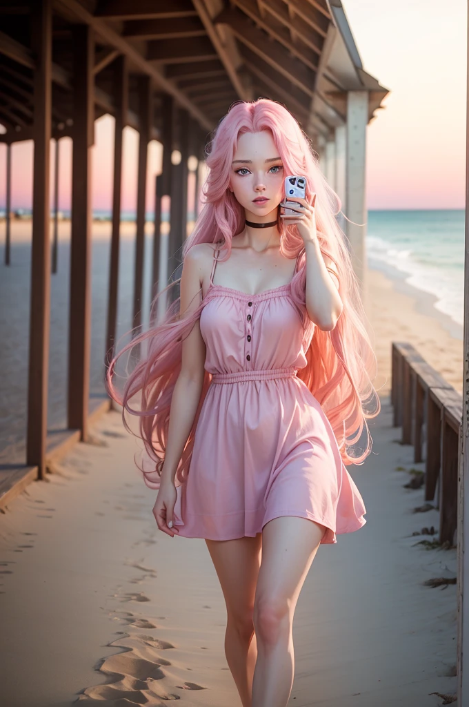 18 year old model, She has long pink hair, blue eyes, and natural lipstick, She is wearing a pink dress, Pink top, She was on the beach, Watch the sunset, Beautiful and bright, Practical, The sea is blue, She is walking on the beach,Taking a selfie with iPhone 7 at the beach