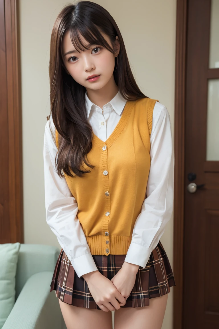 (masterpiece, Highest quality:1.2), One girl, alone,Are standing_Split,
Yuki mandarin orange, Brown eyes, Brown Hair, hair ornaments,Long Hair,Green Check Skirt, Sainan High , , White shirt, Yellow sweater vest,No panties