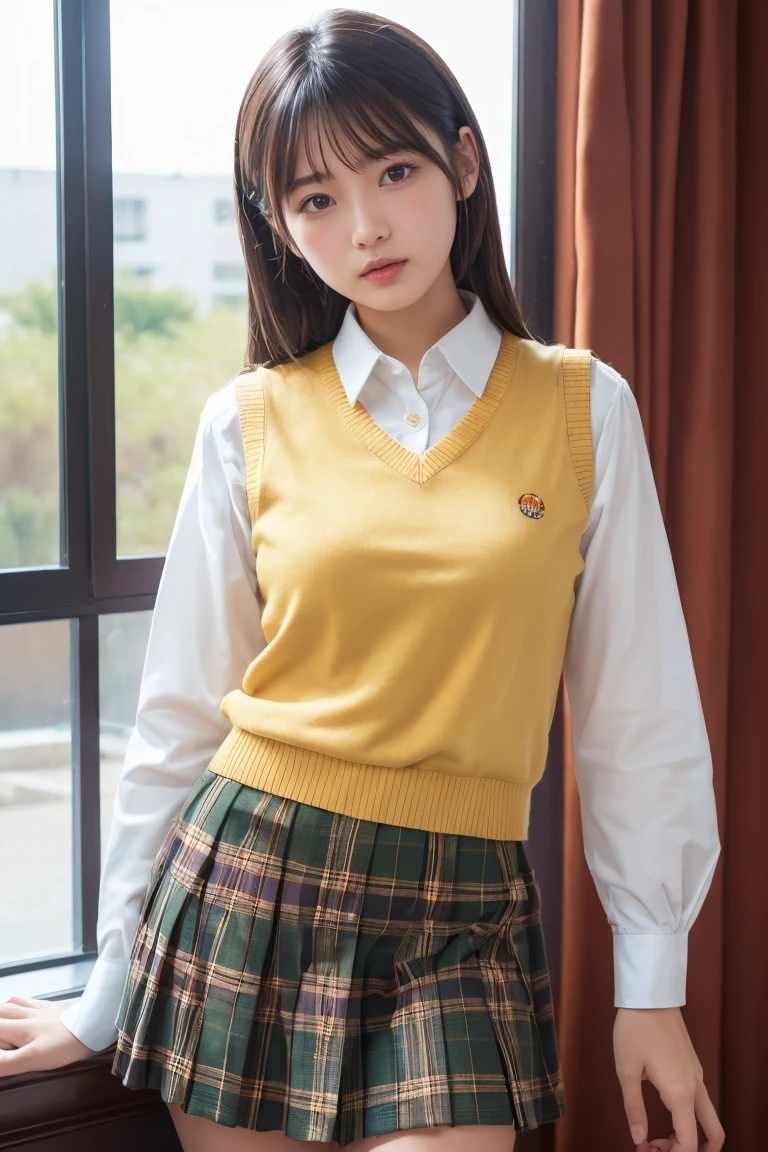 (masterpiece, Highest quality:1.2), One girl, alone,Are standing_Split, 
Yuki mandarin orange, Brown eyes, Brown Hair, hair ornaments,Long Hair,Green Check Skirt, Sainan High , , White shirt, Yellow sweater vest,No panties

