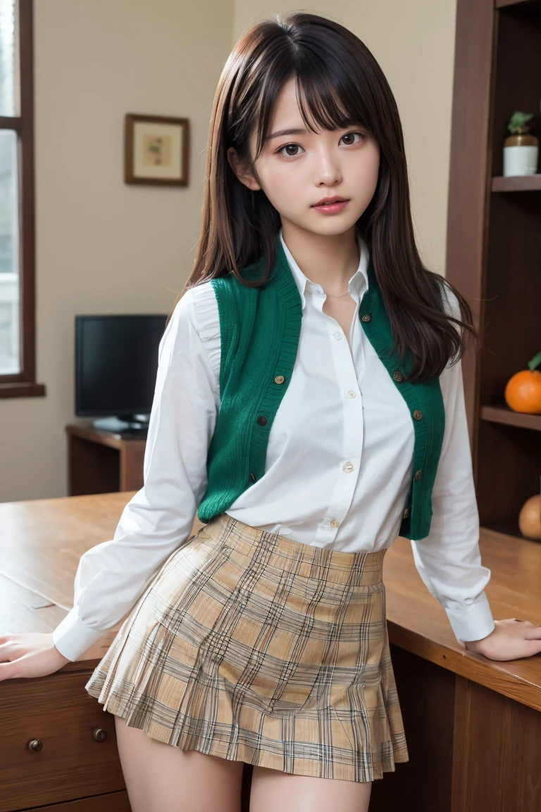 (masterpiece, Highest quality:1.2), One girl, alone,Are standing_Split,
Yuki mandarin orange, Brown eyes, Brown Hair, hair ornaments,Long Hair,Green Check Skirt, Sainan High , , White shirt, Yellow sweater vest,No panties