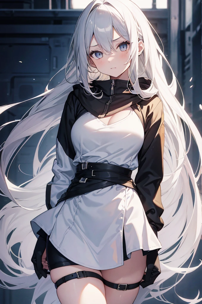 1girl, {Solitary}, Upper Body ,{{ {Watching at viewer}}}, Arms at your sides, Concept Art, white Background, simple Background, White hair, Silver gradient hair , Composite cloth, Asymmetrical clothes, Virtual YouTuber, best quality, masterpiece, Dynamic Angle, guilty gear, guilty gear, guilty gear, cowboy_shooting, Watching_Back, grab, girl,Miss,woman, young,20 years old, Very long hair, Hair Flip, Silver Hair, Flowing hair, Ahog, giggle, Beautiful and delicate golden eyes, teeth, Moderate_breast, Blonde eyes, White skin, hoodie, Black_shorts, Gray clothes, transparent_Background, Backlighting, absurd, high resolution, Extremely detailed,sweater