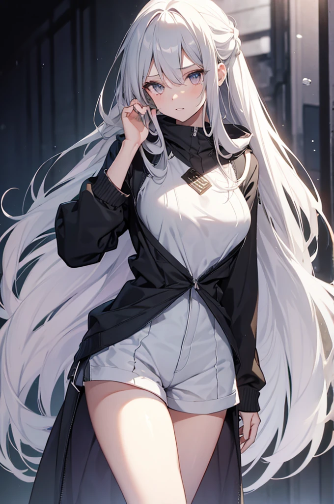 1girl, {Solitary}, Upper Body ,{{ {Watching at viewer}}}, Arms at your sides, Concept Art, white Background, simple Background, White hair, Silver gradient hair , Composite cloth, Asymmetrical clothes, Virtual YouTuber, best quality, masterpiece, Dynamic Angle, guilty gear, guilty gear, guilty gear, cowboy_shooting, Watching_Back, grab, girl,Miss,woman, young,20 years old, Very long hair, Hair Flip, Silver Hair, Flowing hair, Ahog, giggle, Beautiful and delicate golden eyes, teeth, Moderate_breast, Blonde eyes, White skin, hoodie, Black_shorts, Gray clothes, transparent_Background, Backlighting, absurd, high resolution, Extremely detailed,sweater