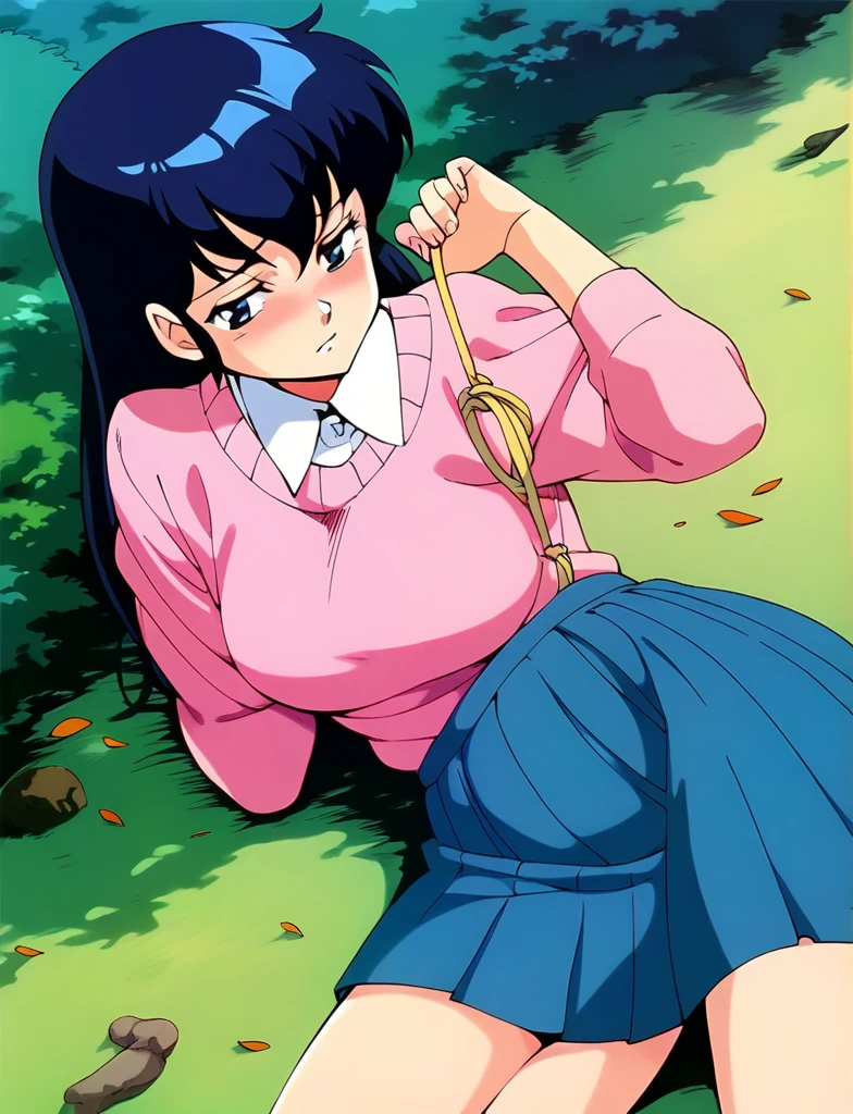 Kyoko,score_9,score_8_superior,score_7_superior,sauce_anime,One girl,alone,View your viewers,soaked,downpour,in the forest,Pink Sweater,White collared shirt,length_skirt,blue skirt,Spread your legs,Biting rope,Lying down,Sad face,:パンティ、