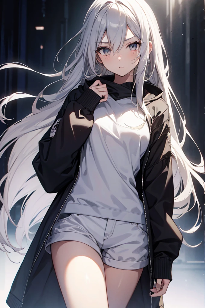 1girl, {Solitary}, Upper Body ,{{ {Watching at viewer}}}, Arms at your sides, Concept Art, white Background, simple Background, White hair, Silver gradient hair , Composite cloth, Asymmetrical clothes, Virtual YouTuber, best quality, masterpiece, Dynamic Angle, guilty gear, guilty gear, guilty gear, cowboy_shooting, Watching_Back, grab, girl,Miss,woman, young,20 years old, Very long hair, Hair Flip, Silver Hair, Flowing hair, Ahog, giggle, Beautiful and delicate golden eyes, teeth, Moderate_breast, Blonde eyes, White skin, hoodie, Black_shorts, Gray clothes, transparent_Background, Backlighting, absurd, high resolution, Extremely detailed,sweater