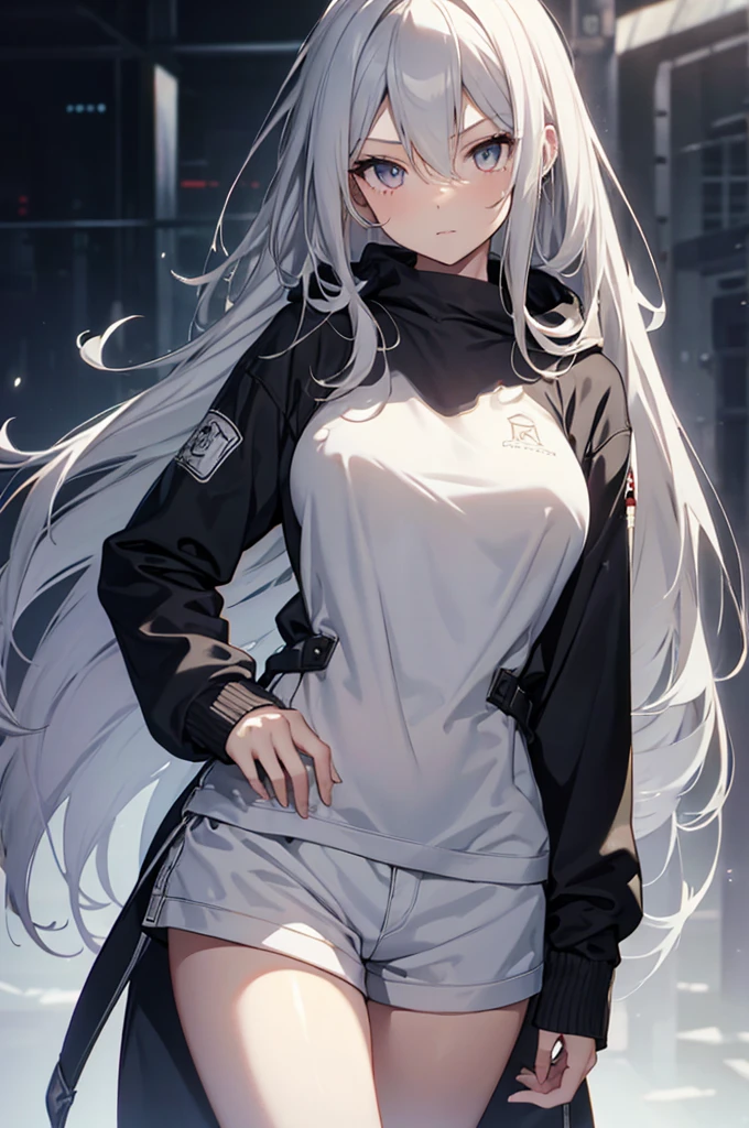 1girl, {Solitary}, Upper Body ,{{ {Watching at viewer}}}, Arms at your sides, Concept Art, white Background, simple Background, White hair, Silver gradient hair , Composite cloth, Asymmetrical clothes, Virtual YouTuber, best quality, masterpiece, Dynamic Angle, guilty gear, guilty gear, guilty gear, cowboy_shooting, Watching_Back, grab, girl,Miss,woman, young,20 years old, Very long hair, Hair Flip, Silver Hair, Flowing hair, Ahog, giggle, Beautiful and delicate golden eyes, teeth, Moderate_breast, Blonde eyes, White skin, hoodie, Black_shorts, Gray clothes, transparent_Background, Backlighting, absurd, high resolution, Extremely detailed,sweater