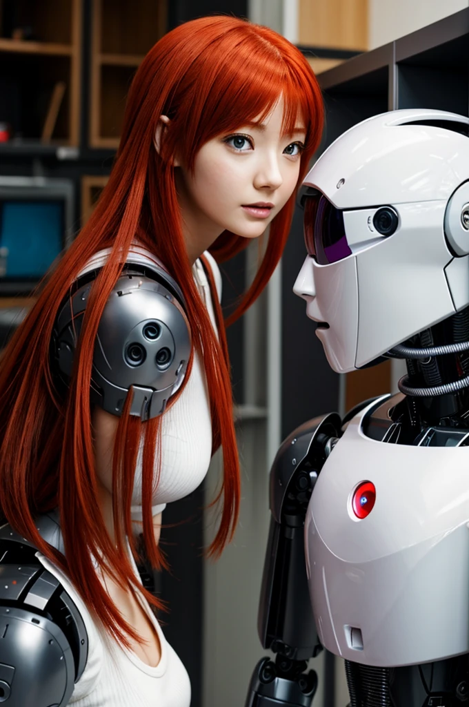 anime girl with red hair talking to a robot 