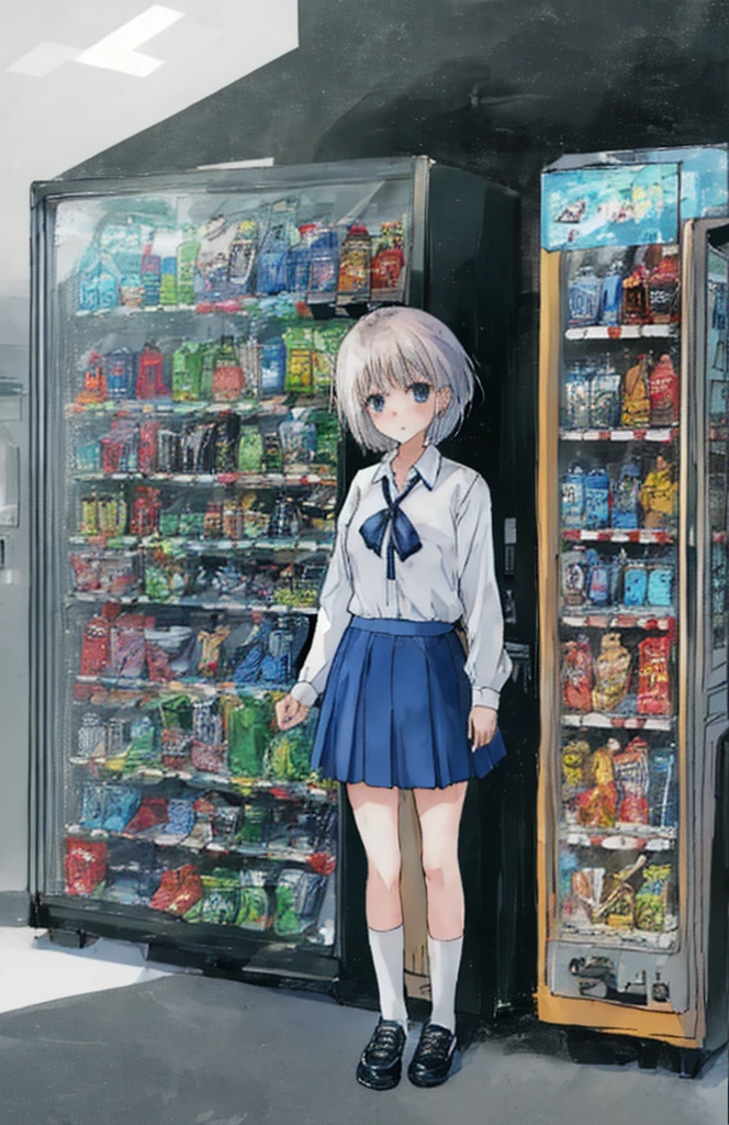 Contributor: tsvbvra, 1 girl, vending machine, skirt, shoes, alone, shirt, Are standing, holding, can, pleated skirt, Bottle, short hair