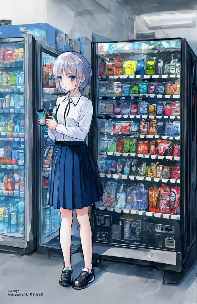 Contributor: tsvbvra, 1 girl, vending machine, skirt, shoes, alone, shirt, Are standing, holding, can, pleated skirt, Bottle, short hair