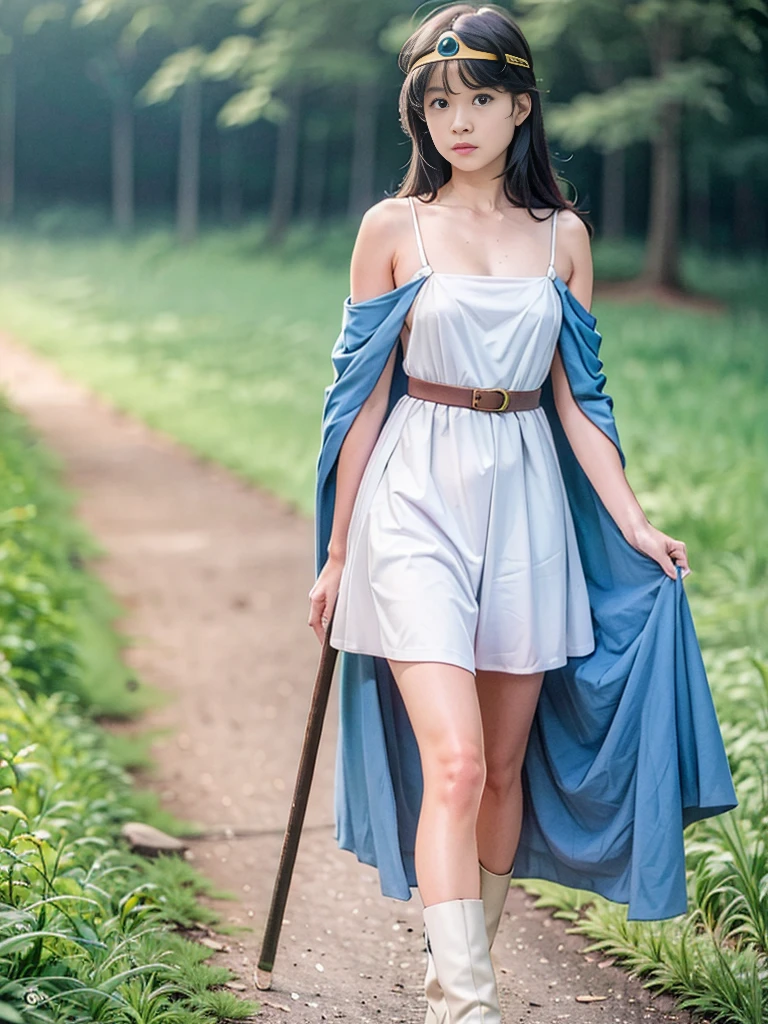 sage_(dq3), 1girl, 
(the vast grasslands), 
long hair, blue hair, normal breast, cleavage, bare shoulders, 
circlet, yellow gloves, (white dress:1.6), belt bag, cape, knee-high boots, white panties, 
(holding a wooden long walking stick), 
(cowboy shot), 
detail face, (photorealistic:1.4), ultra high res, best quality, ((detailed facial features)), 8k resolution,
