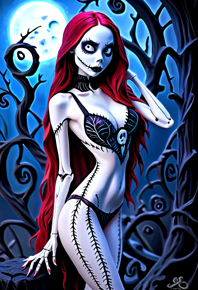 Create a hyper detailed photograph of a nightmare before Christmas tattoos young stunning gorgeous sexy sally Skellington, Stunningly perfect gorgeous face, perfect skeleton make up, detailed vibrant eyes, long hair,detailed perfect beautiful legs, detailed perfect beautiful arms, realistic torso, detailed pale silky smooth skin, detaile perky breast, perfect round ass, transparent strappy lace lingerie, facing backwards looking forward, ((Lots of neon consecration)),