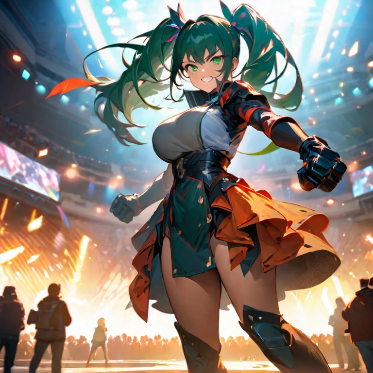 (best quality,8k,highres, masterpiece:1.2), ultra-detailed, HDR, UHD, studio lighting, ultra-fine painting, sharp focus, physically-based rendering, extreme detail description, professional, vivid colors, bokeh, portraits, concept artists, warm color palette, dramatic lighting,1 girl,green eyes,pigtails,fantasic fighter's costumes,have a brass knuckles made of iron,battle Arena background,fighting pose,grin,in front of huge bear,side view,green wing accessory is back,side view,Full of spectators in the audience,big breasts,