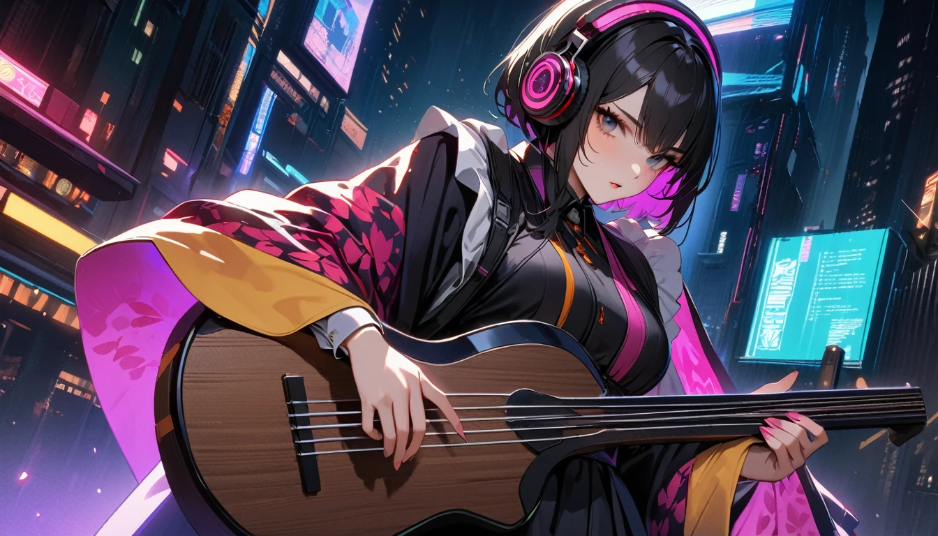 (((8K, Masterpiece, high resolution, highest quality, highest quality real texture skin))), ((wearing Japanese pattern headphones)), (((1 girl))), (((Butterfly patterned haori coat))), (((Holding a shamisen))), (((Cyberpunk City at Night))), ((sunglasses)), (((Maid))), (Black shiny hair, beige skin)