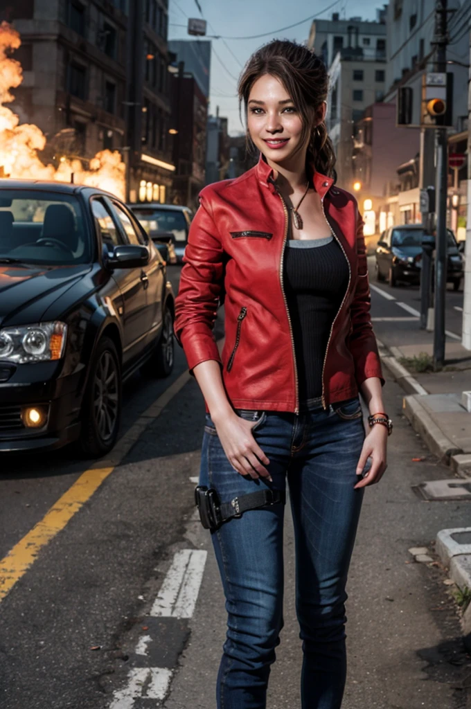 1girl, (realistic),(hyperrealism),(best quality),(masterpiece),(ultra high res),(photorealistic),idol,eye makeup,detailed eyes,detailed face,black dress, claireredfield2, brown hair, (red jacket:1.2), ponytail, (denim pants:1.3),,  red wristband,,  abandoned street, burning cars in background, littered street, smoke, chaos, zombie apocalypse, daytime, sunny,,  hands in pocket, looking at viewer, smiling, closeup shot