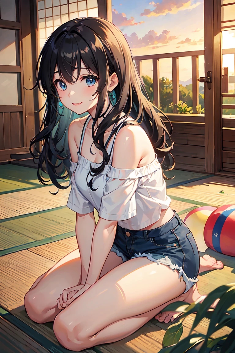 CG, Unity, 8K, wallpaper, Highest quality,sunlight、 masterpiece, Amami Haruka, (smile: 1.2), 1 high school girl、Black Hair、Curly Hair、blue eyes、Thick lips、Black Knit、Off the shoulder、 BREAK Denim Shorts, barefoot, Thighs, Best lighting, Complex pupil, Intricate weaving, , Japanese countryside,Pool、evening、sunset