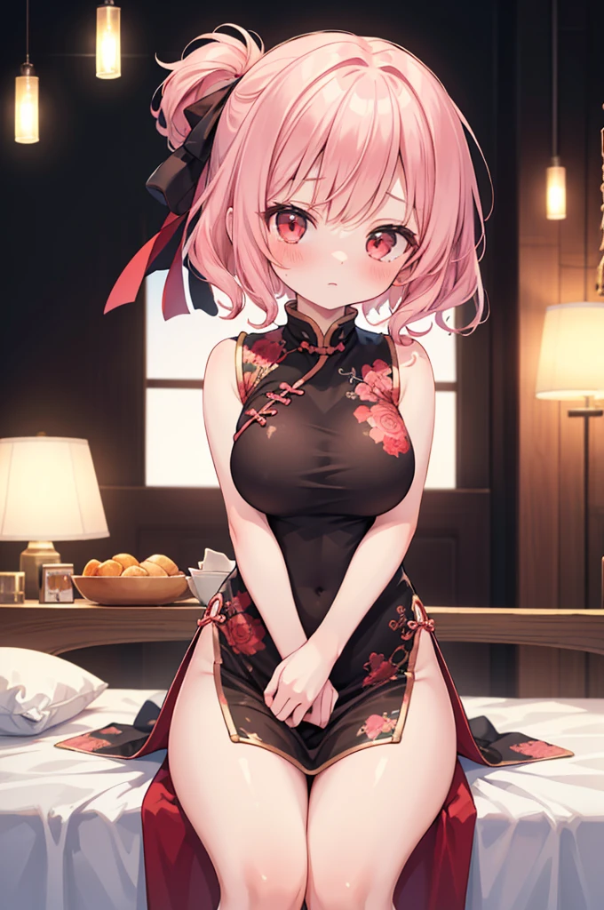 nsfw,((Masterpiece)),((high resolution)),((Best Quality)),Anime illustration,((1girl)),(wavy hair),(short hair),(pale pink hair color),small ponytail,Red eyes,(Big round eyes),((tareme)),,((loli face)),ry big breasts)),Short stature,,,china dress,blush,I&#39;m very embarrassed,arms up behind,