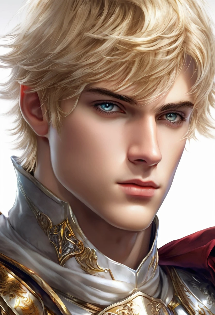 Best quality, masterpiece, Ultra high resolution, White background, realistic, hadesstyle, recalled from the 16-year-old prince on the battlefield, short blond hair, amber eyes, Imperial Prince Armor, e.g, depth of field